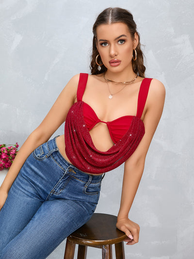 draped crop cut out cami red top#color_red