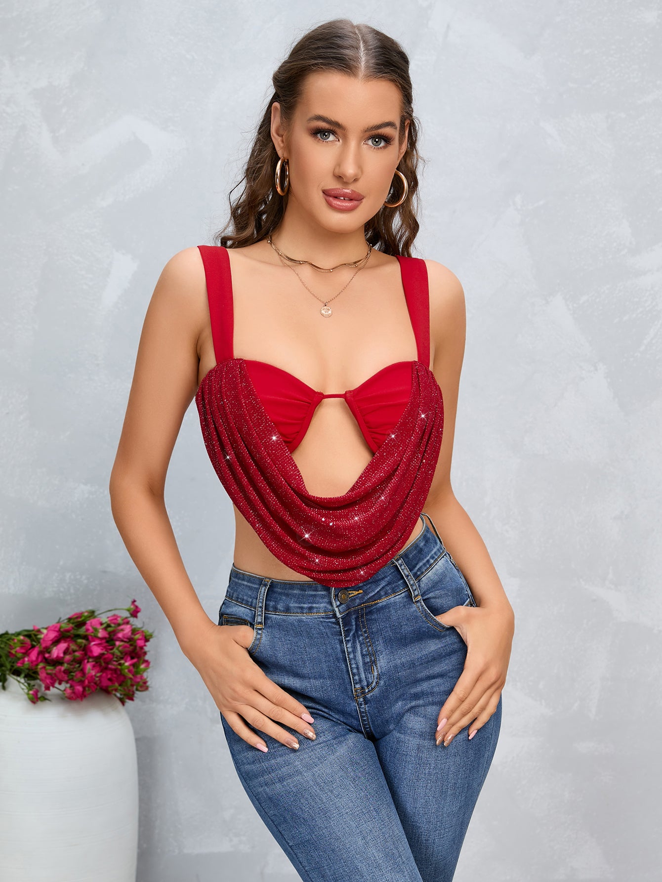cut out draped crop cami red top#color_red