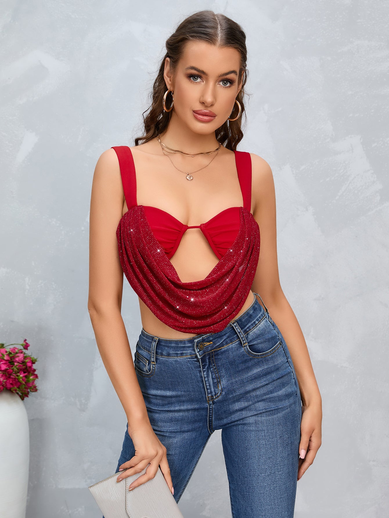 cut out draped crop cami top#color_red