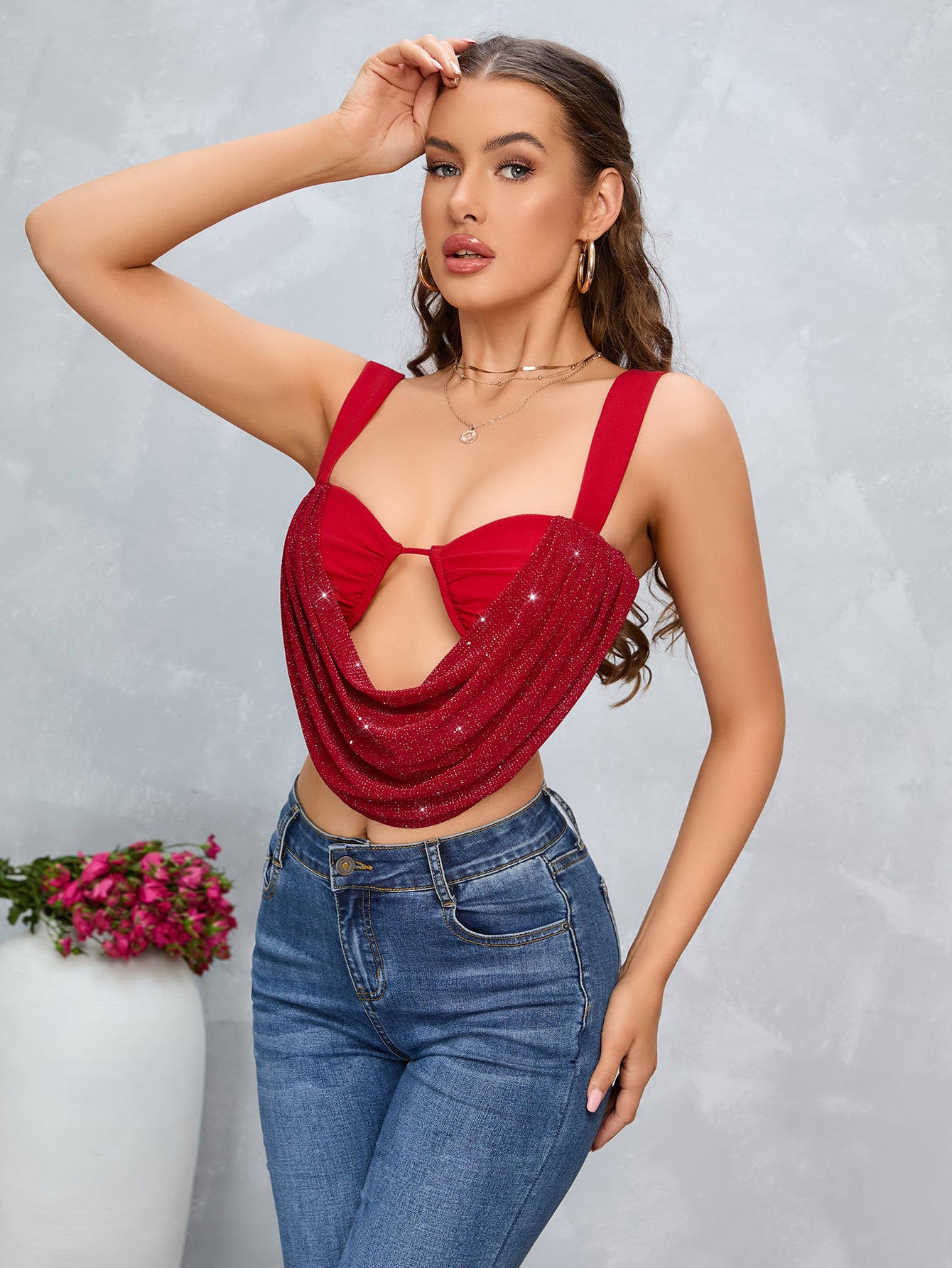 backless draped crop cut out cami top#color_red