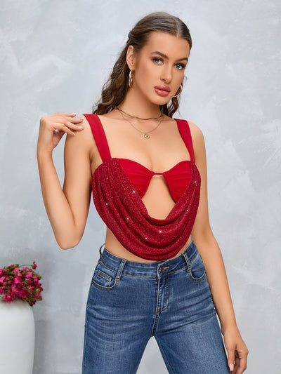 backless cut out draped crop cami top#color_red