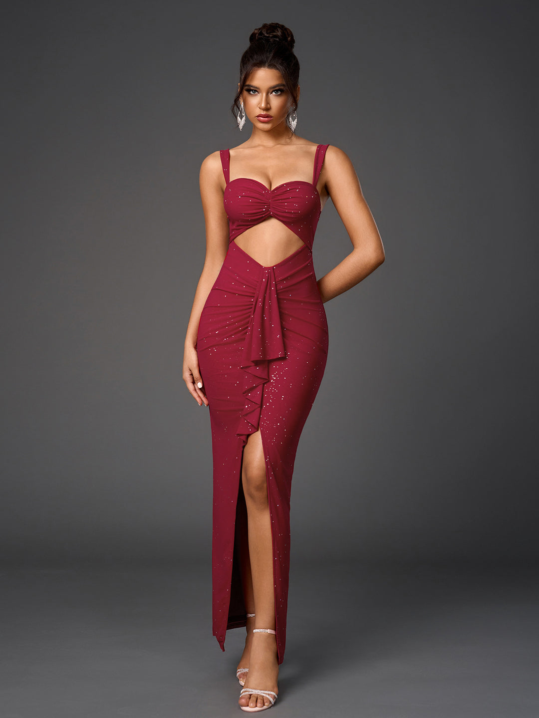 Cut Out Flounce Trim Ruched Glitter Mesh Dress, Wine / XS Cut Out Flounce Trim Ruched Glitter Mesh Dress, Wine / XS