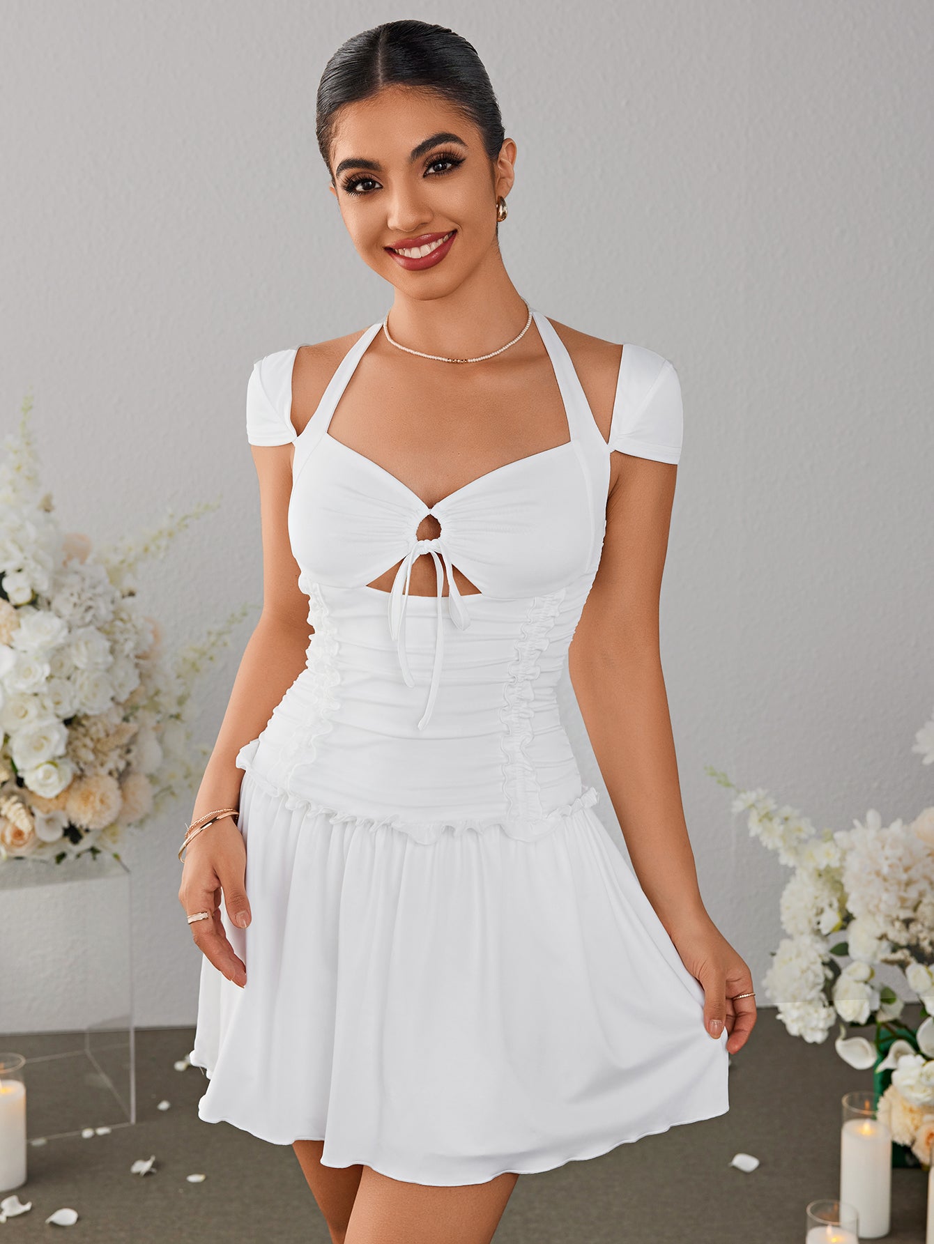 Cut Out Halter Ruched Mini Dress, White / XS