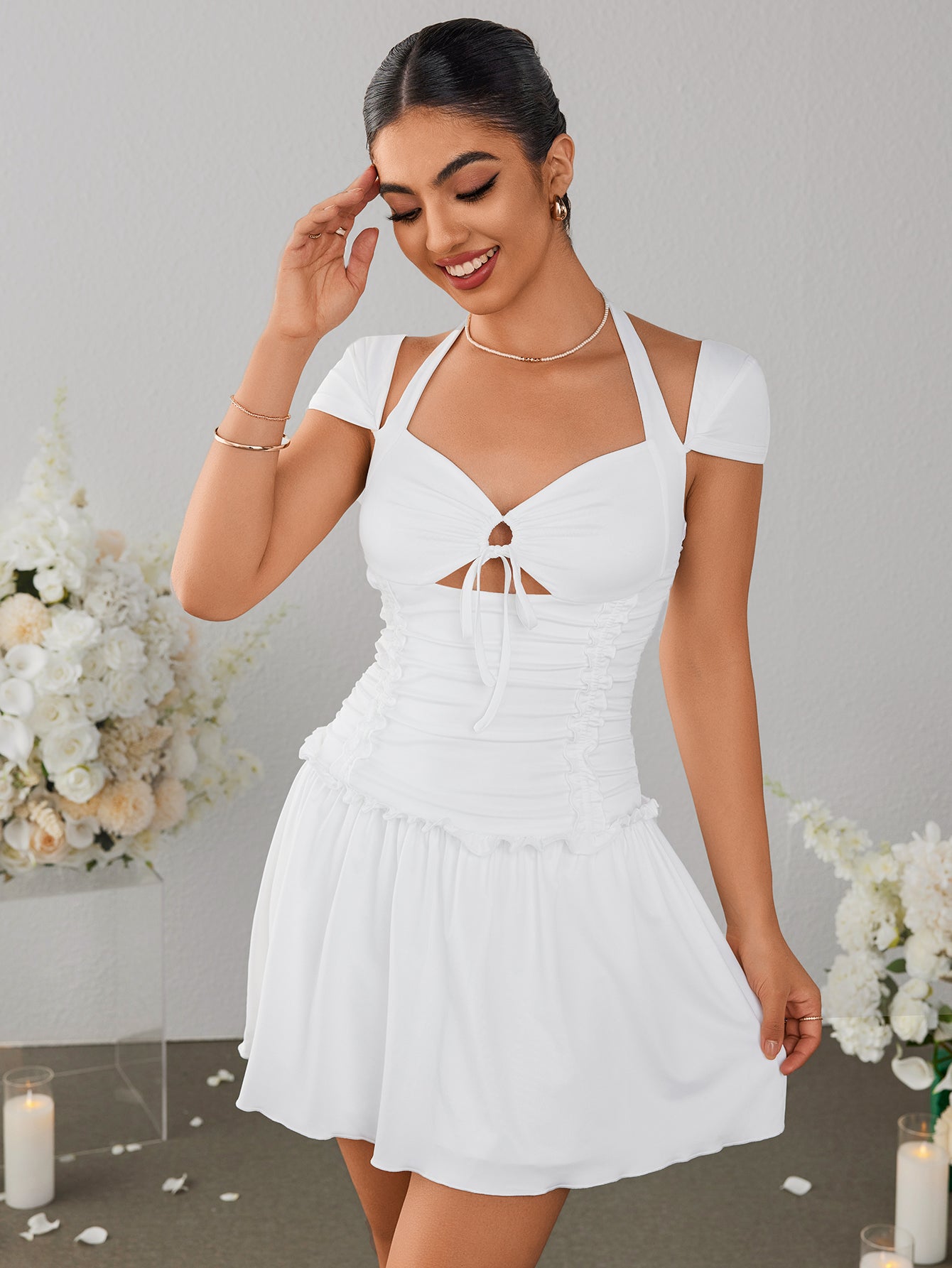 Cut Out Halter Ruched Mini Dress, White / XS