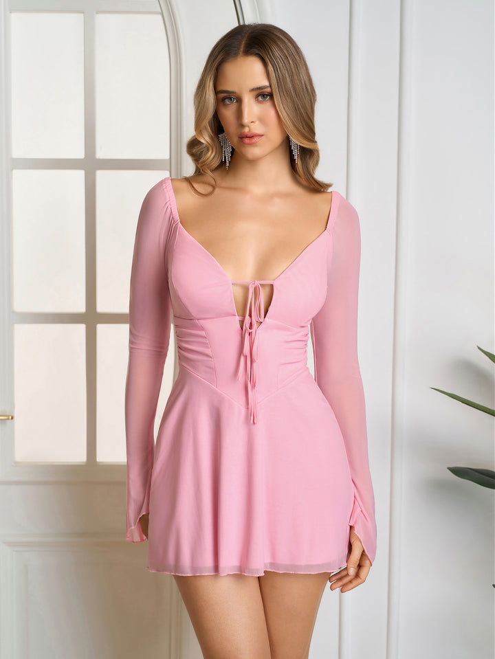 Cut Out Lace Up Mesh Dress#color_pink