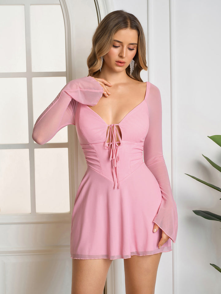 Lace Up Mesh Cut Out Dress#color_pink