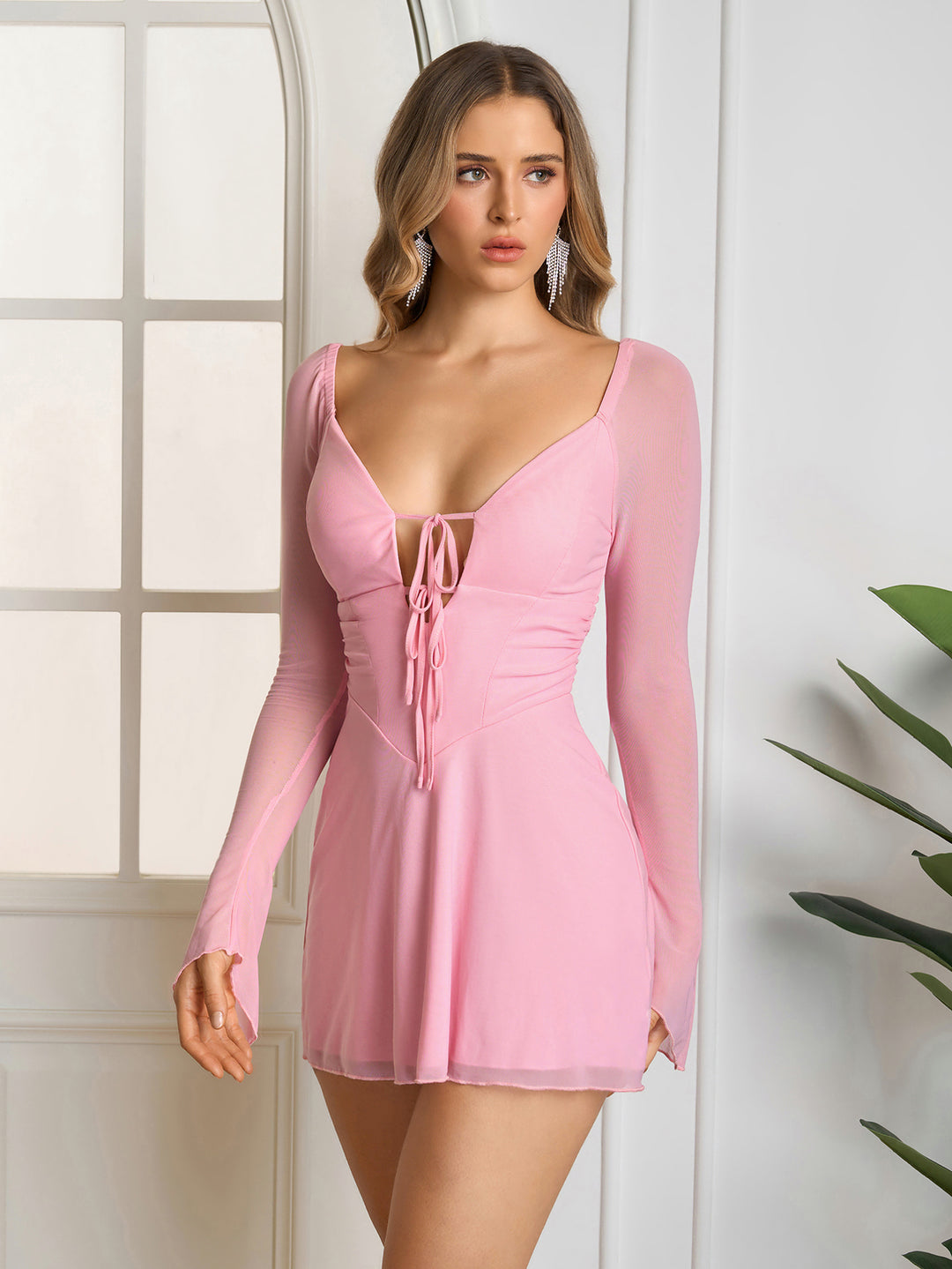 Lace Up Cut Out Mesh Dress#color_pink