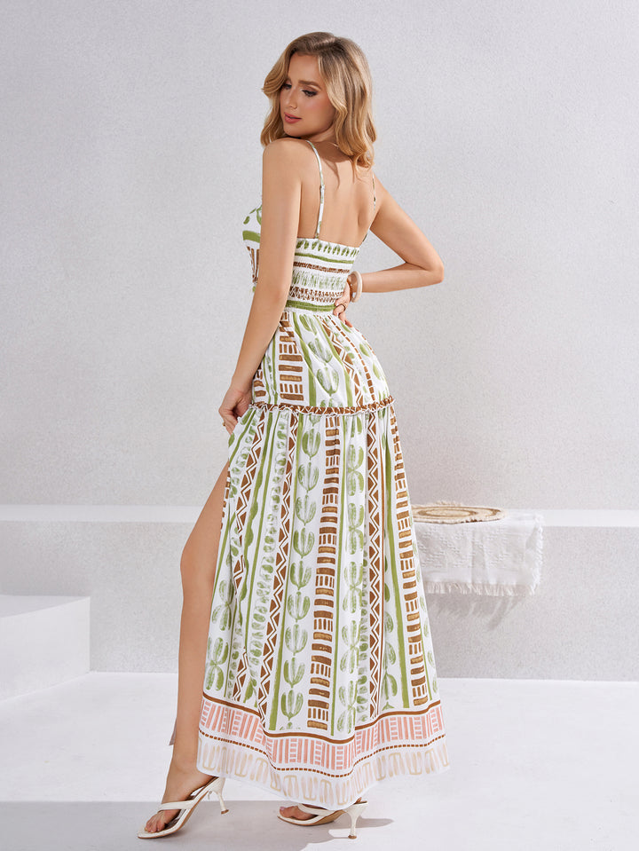 Cut Out Split Ruched Floral Print Cami Dress