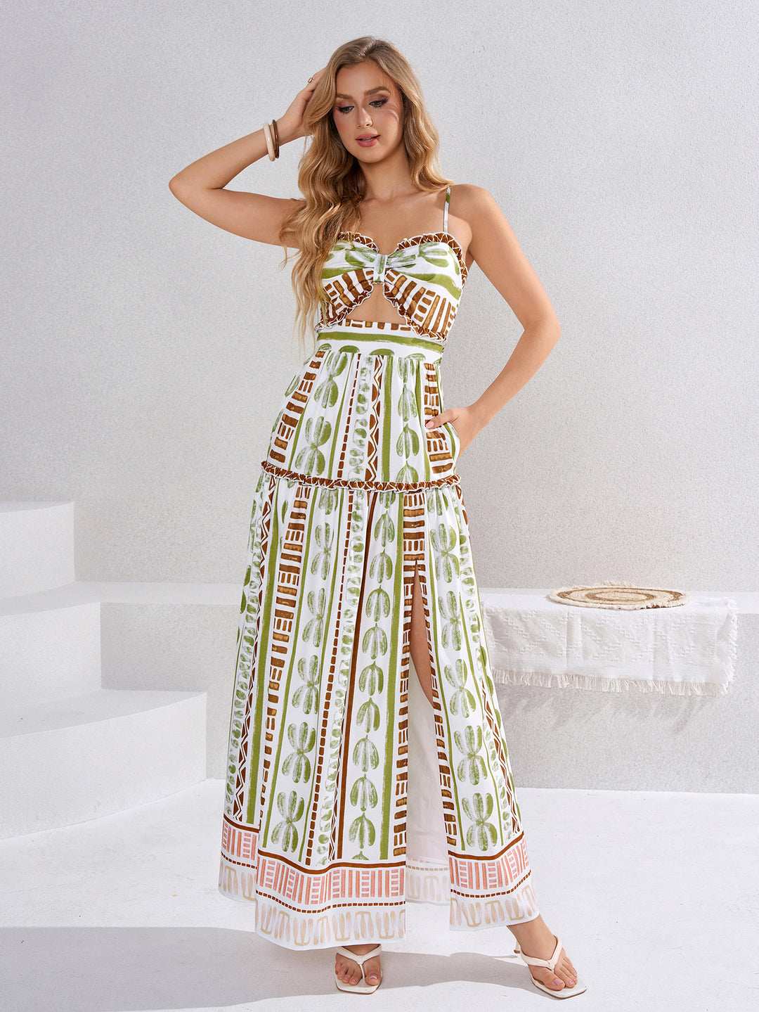 Ruched Split Cut Out Floral Print Cami Dress