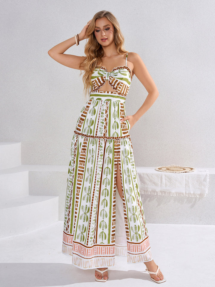 Ruched Split Cut Out Floral Print Cami Dress