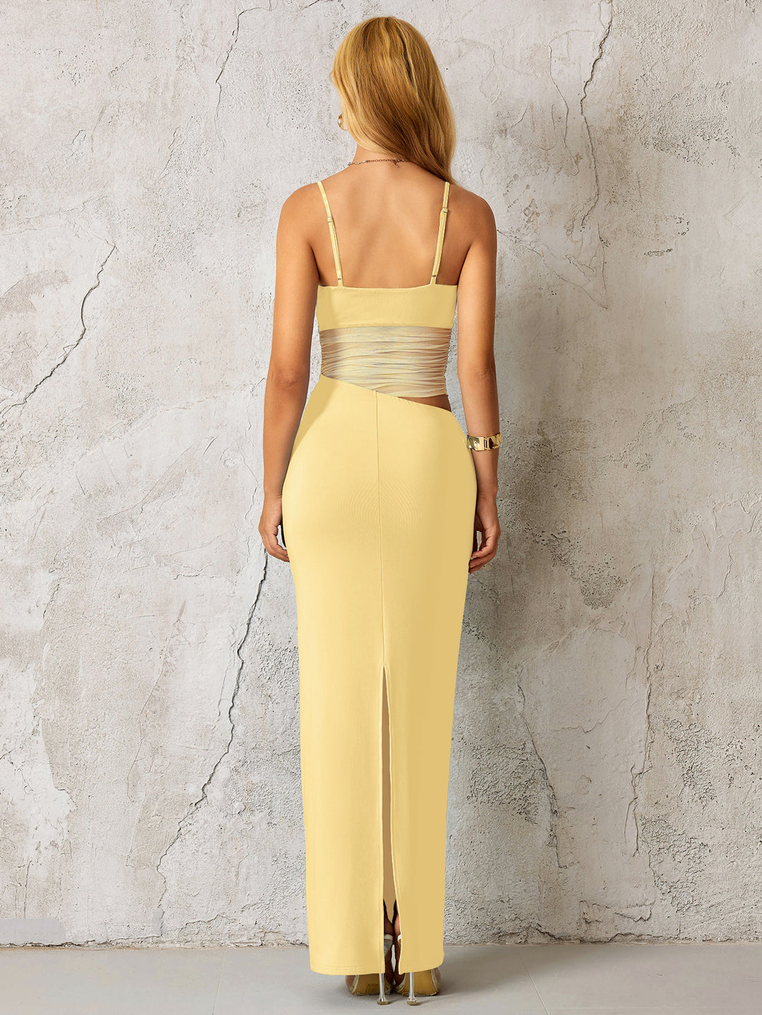 Cut Out Split See Through Bodycon Dress#color_yellow