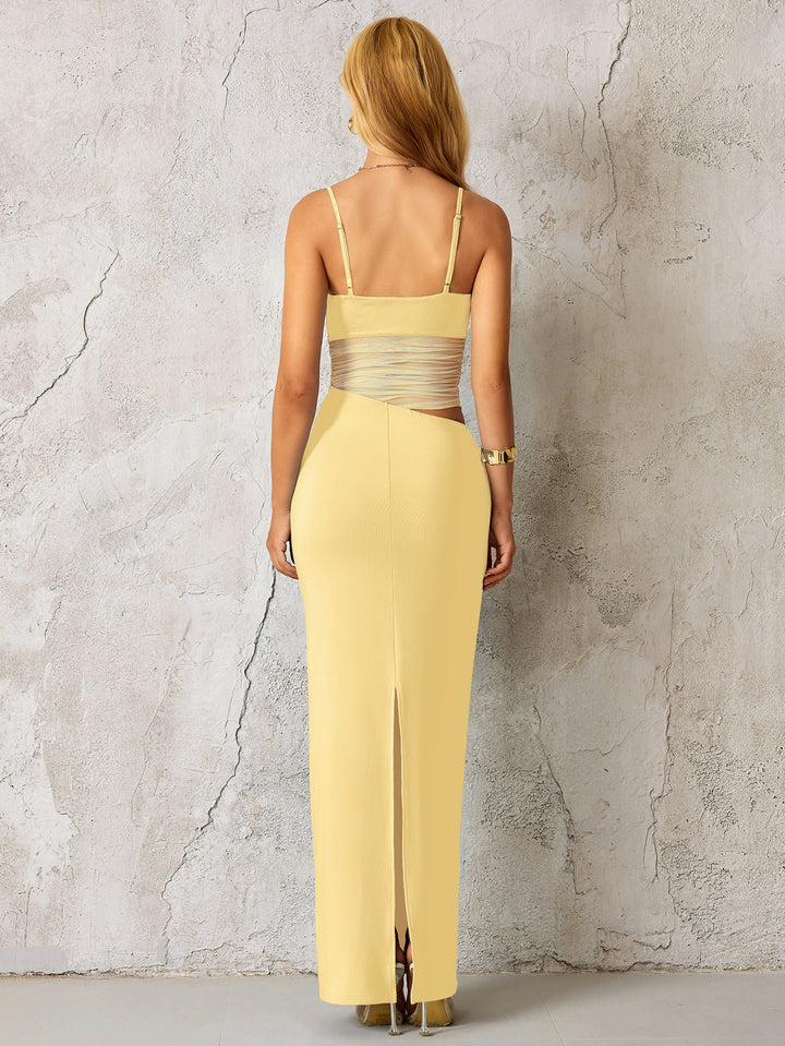 Cut Out Split See Through Bodycon Dress#color_yellow