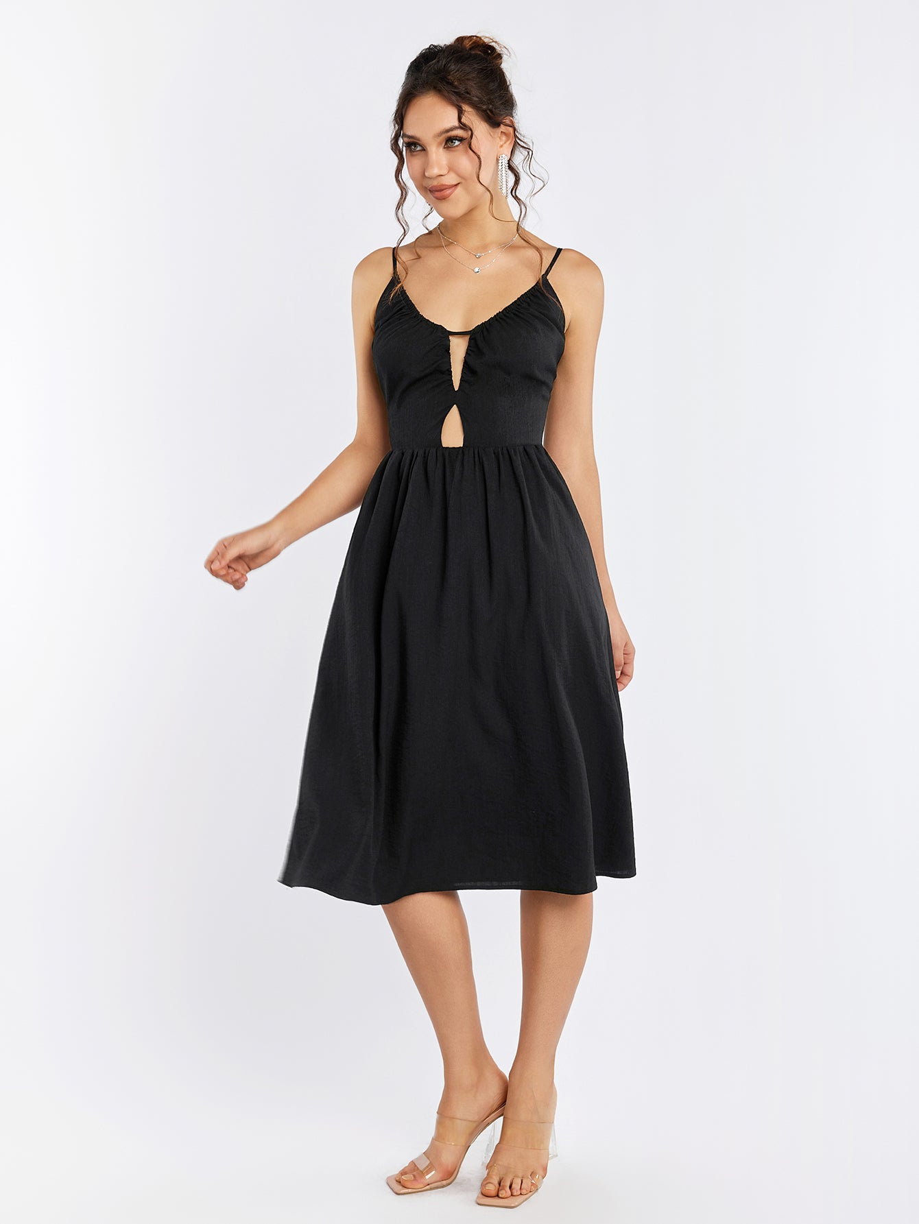 cut out backless zipper cami dress#color_black