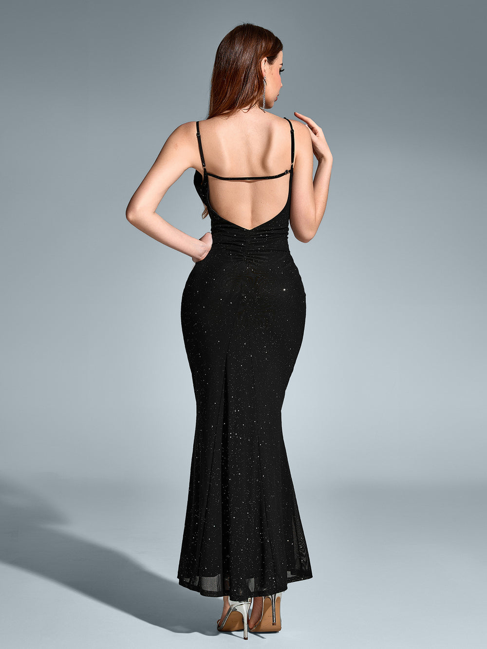 Deep V-Neck Backless Mermaid Mesh Sequin Dress, Black / XS Deep V-Neck Backless Mermaid Mesh Sequin Dress, Black / XS