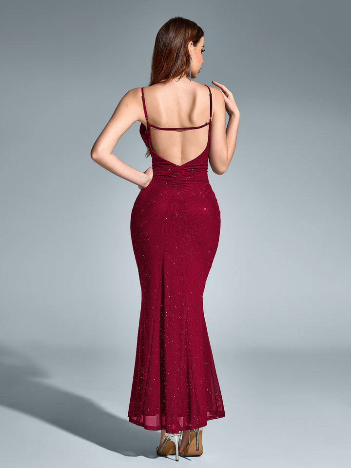 Deep V-Neck Mermaid Backless Mesh Sequin Dress