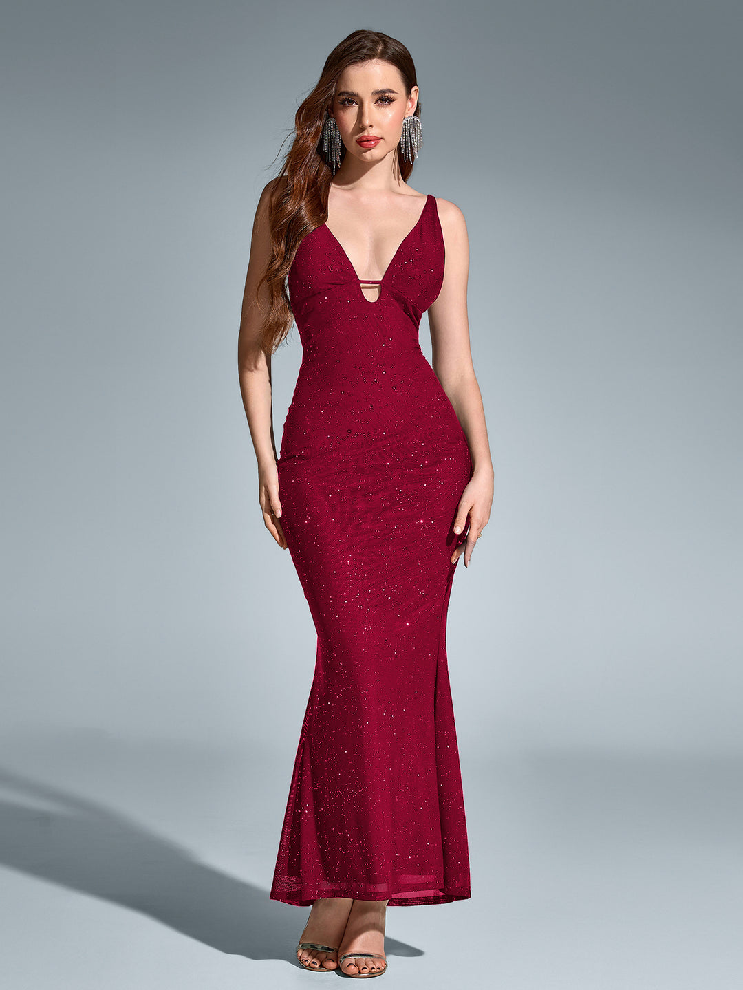 Mermaid Mesh Deep V-Neck Backless Sequin Dress