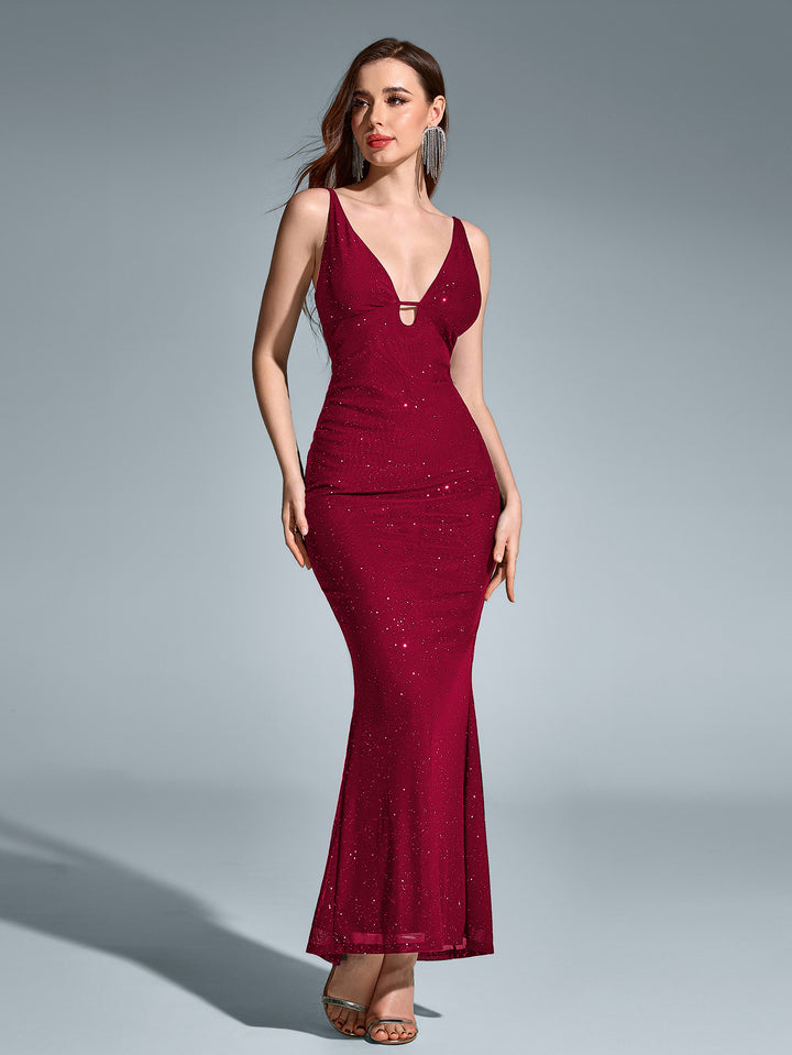 Backless Deep V-Neck Mermaid Mesh Sequin Dress