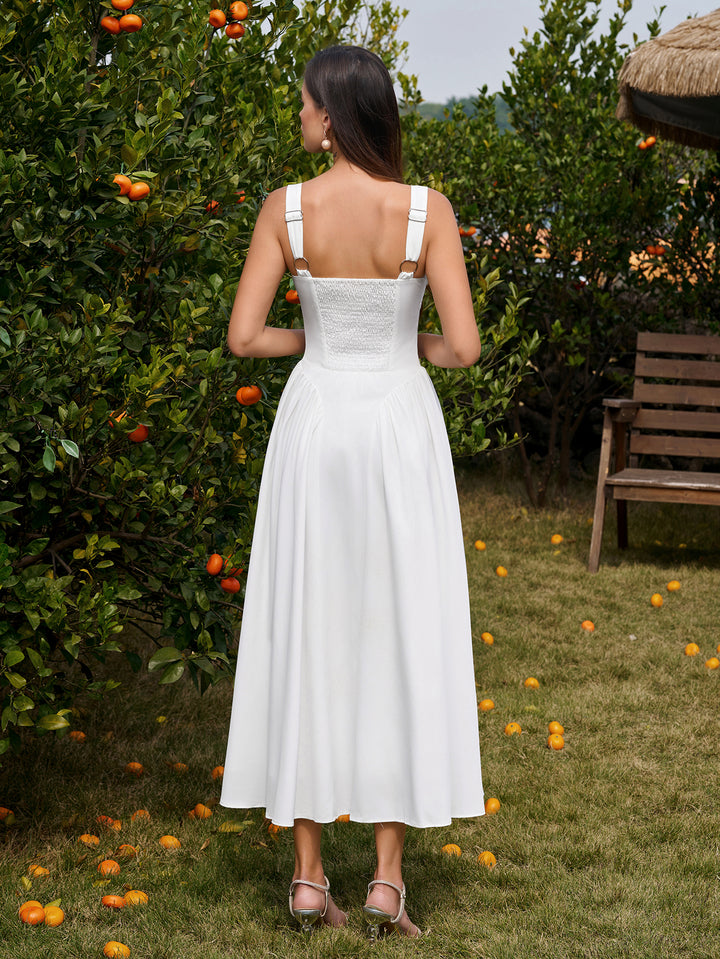 Deep V-Neck Ruched Backless Corset Dress#color_white