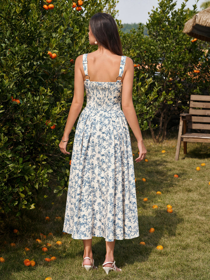 Deep V-Neck Ruched Backless Corset Dress#color_bluefloral