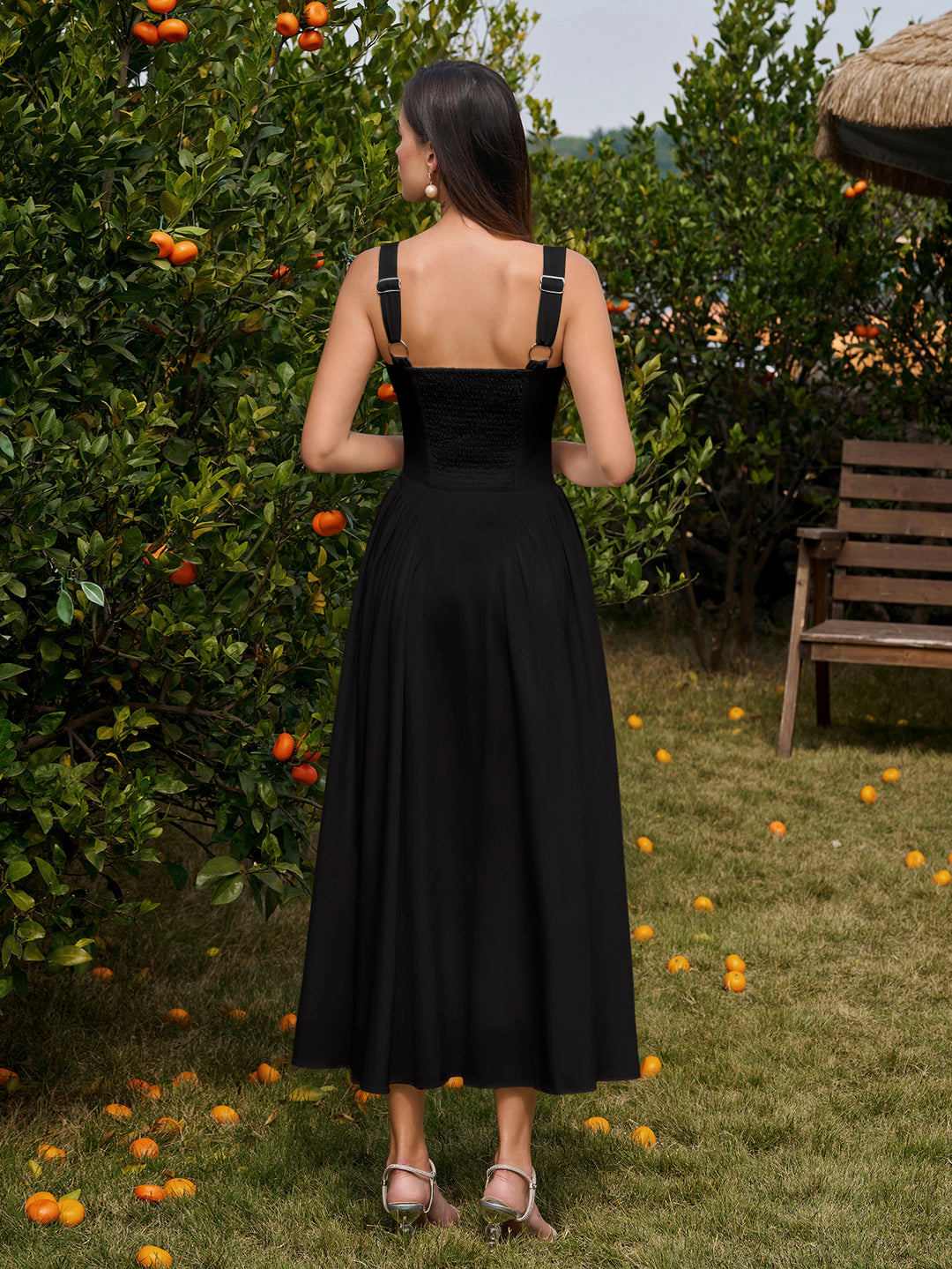 Deep V-Neck Ruched Backless Corset Dress#color_black