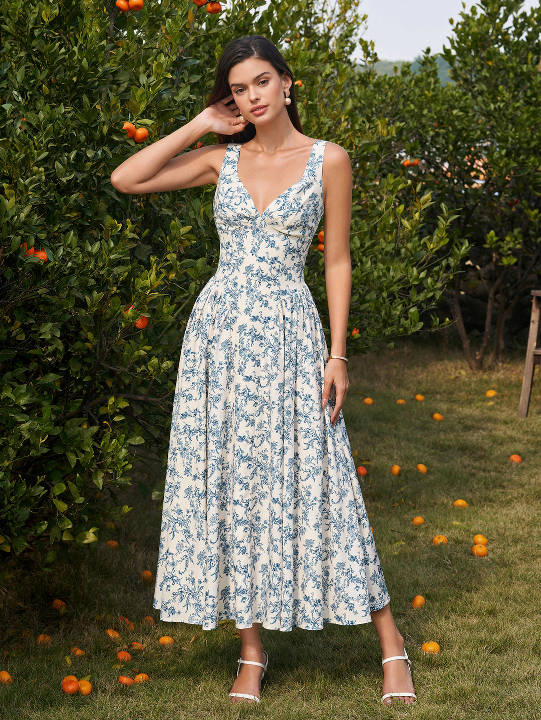 Ruched Deep V-Neck Backless Corset Dress#color_bluefloral