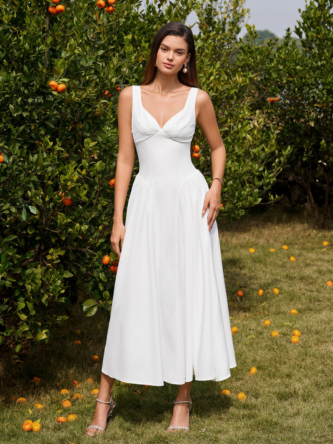 Deep V-Neck Backless Ruched Corset Dress#color_white