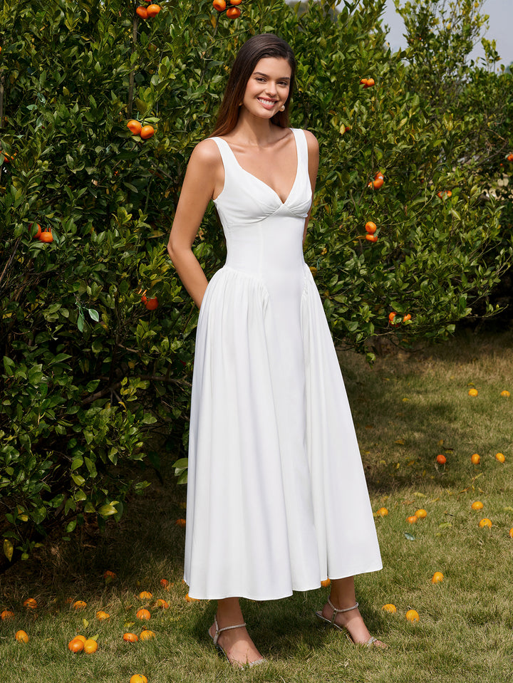 Backless Deep V-Neck Ruched Corset Dress#color_white