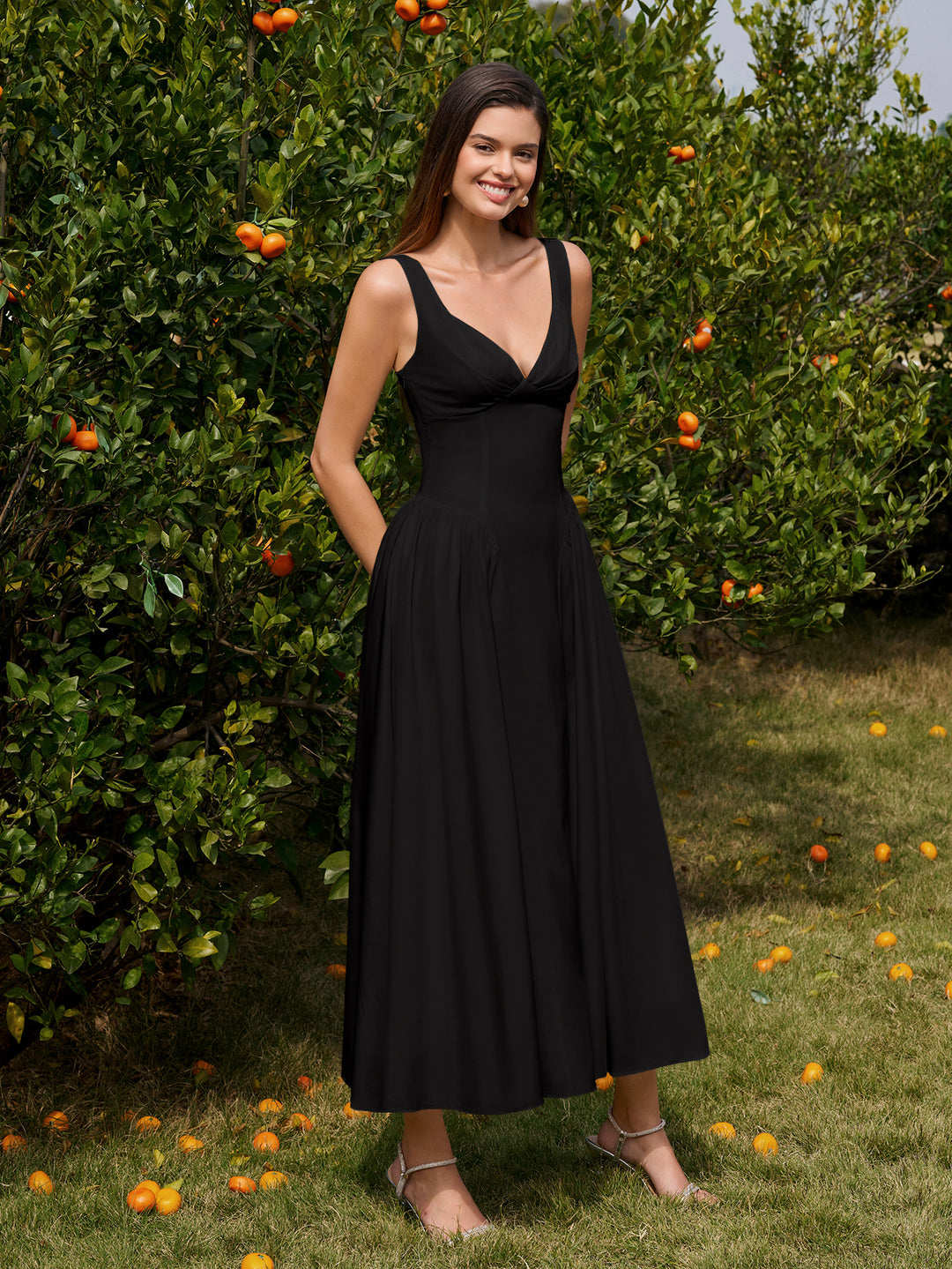 Backless Deep V-Neck Ruched Corset Dress#color_black