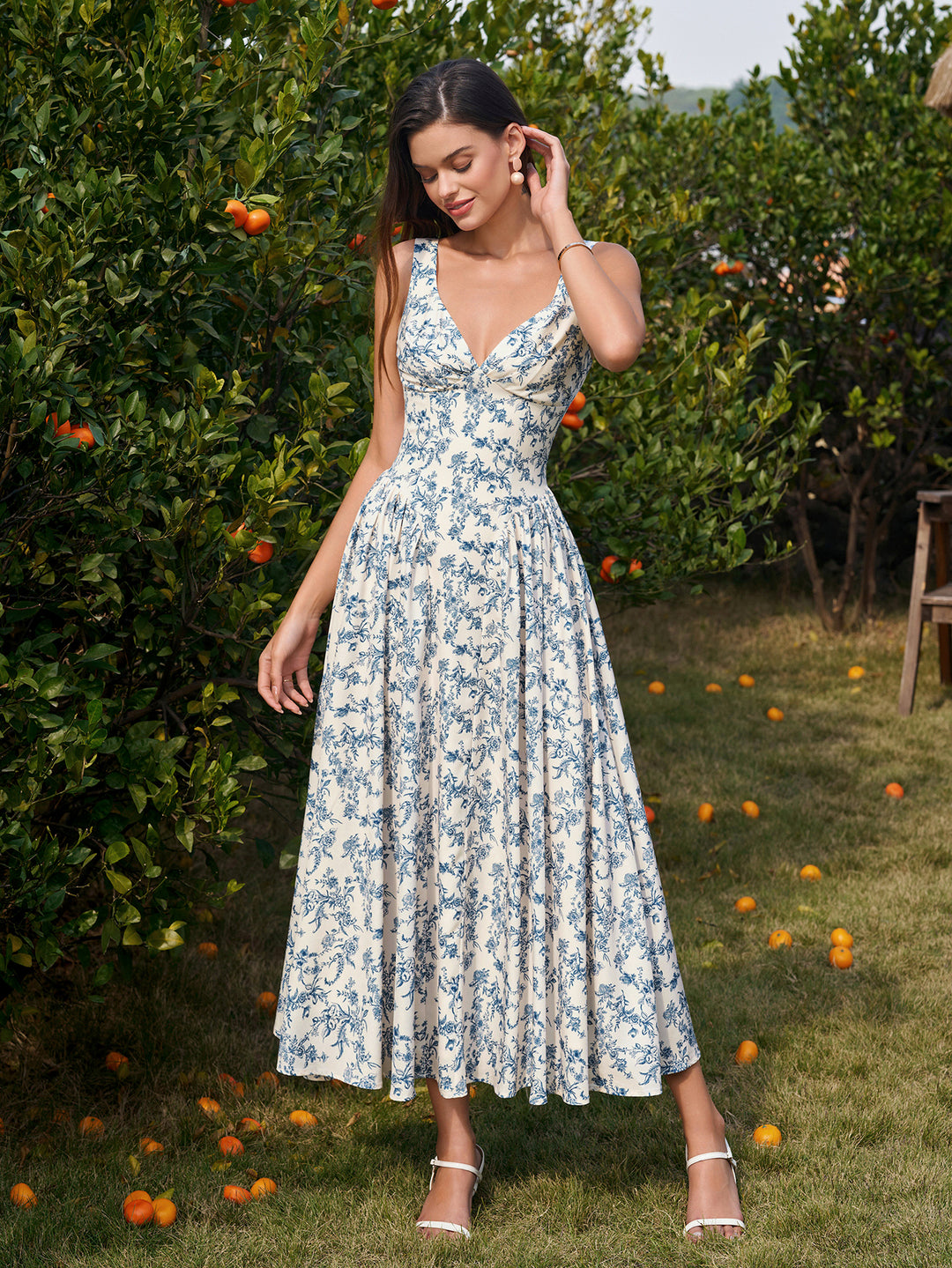 Backless Deep V-Neck Ruched Corset Dress#color_bluefloral