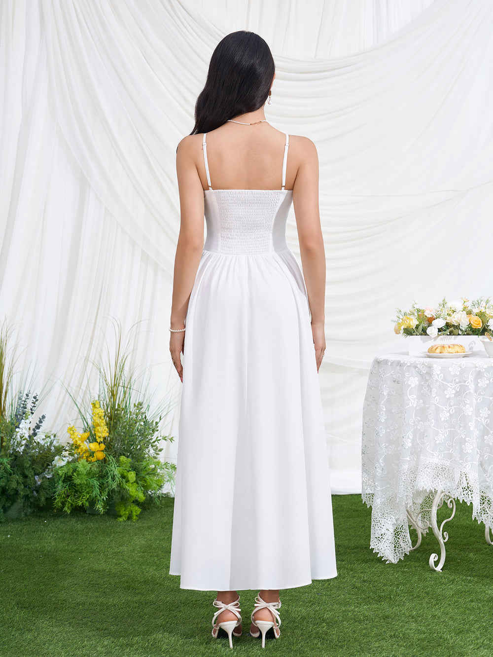Deep V-Neck Ruched Backless Pocket Cami Dress#color_white