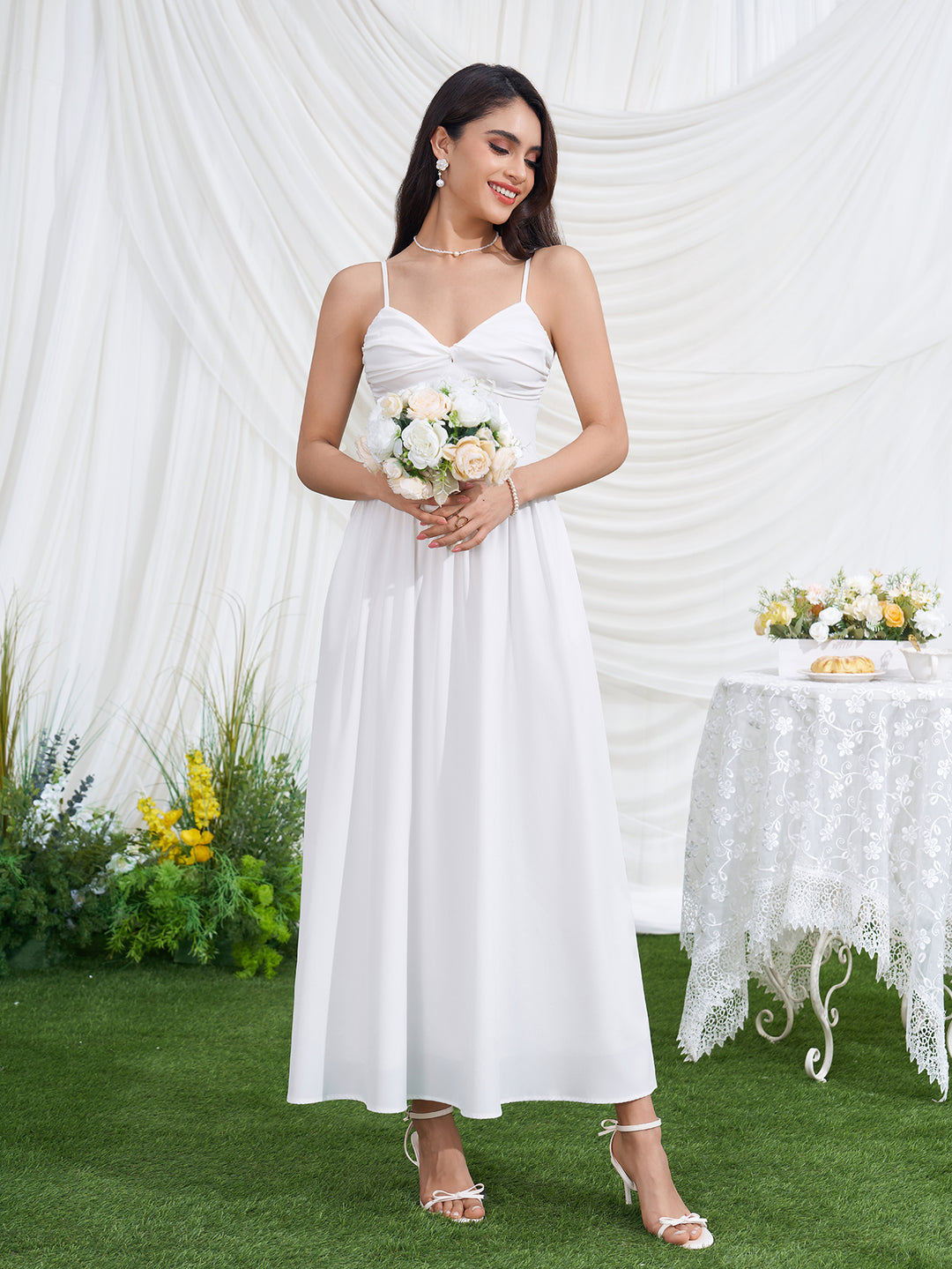 Ruched Backless Deep V-Neck Pocket Cami Dress