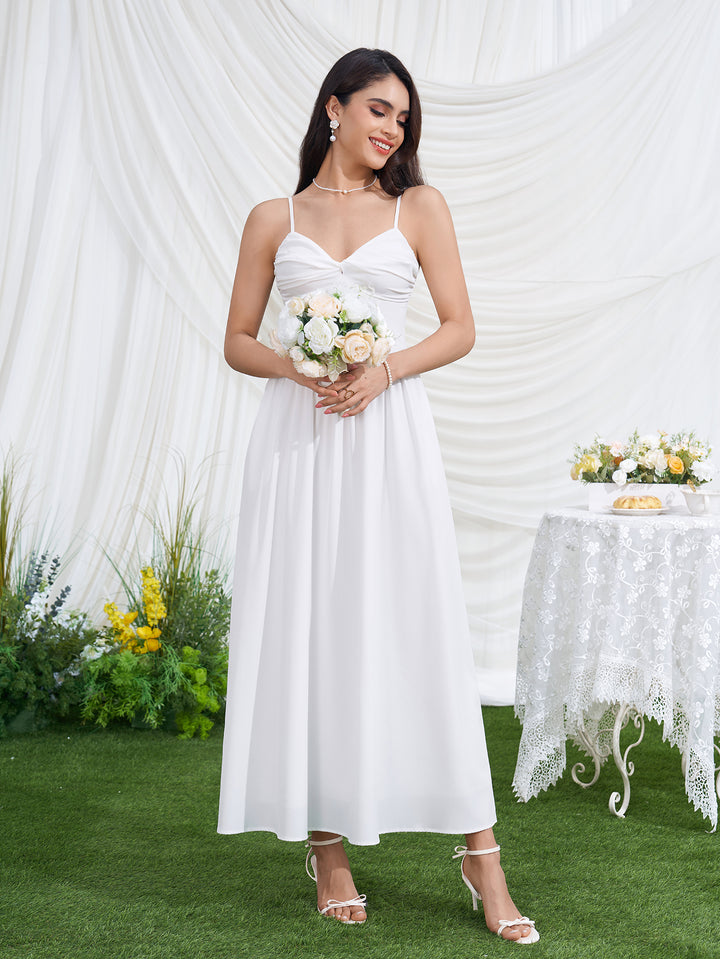 Ruched Backless Deep V-Neck Pocket Cami Dress