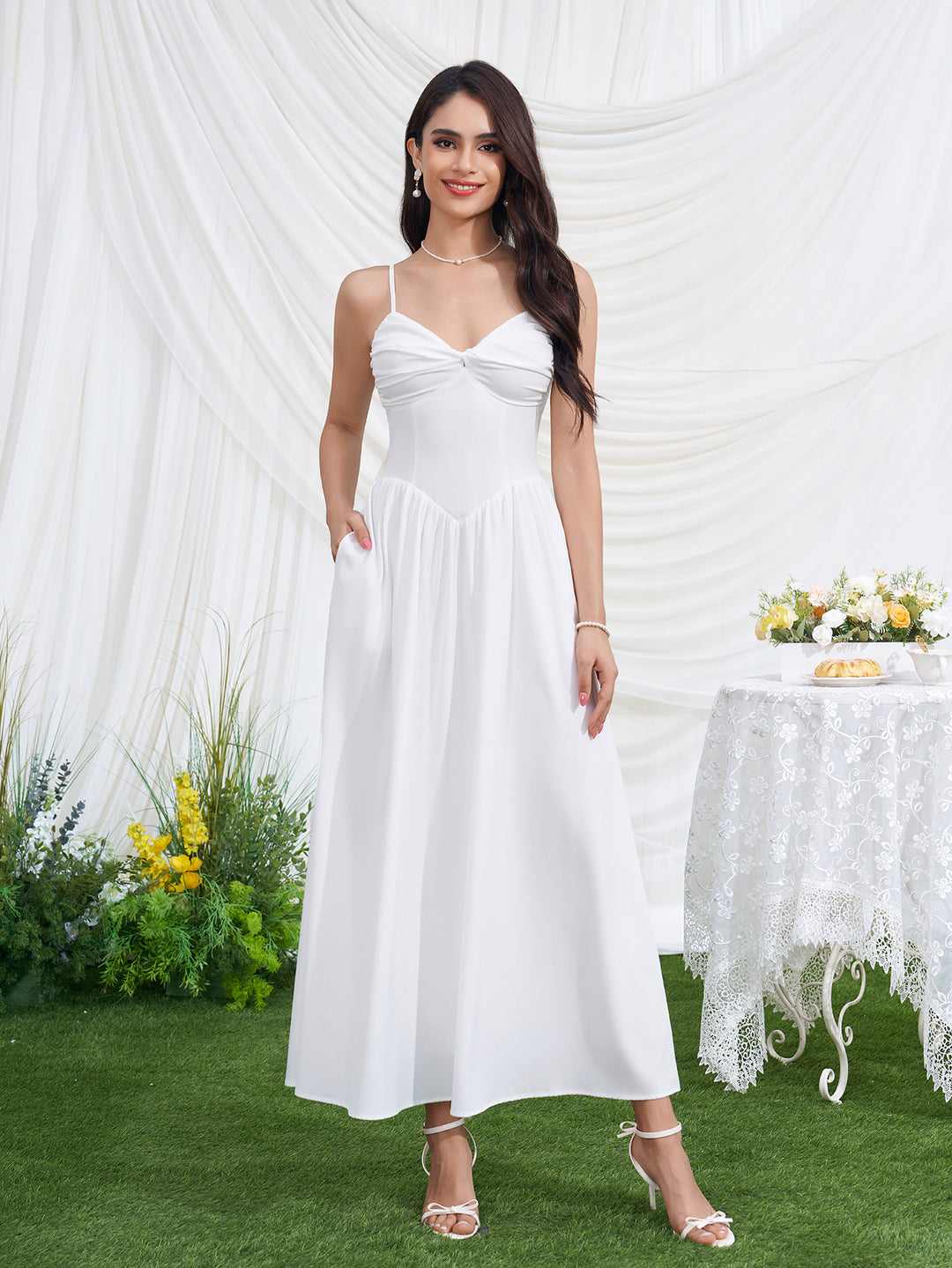 Deep V-Neck Backless Ruched Pocket Cami Dress