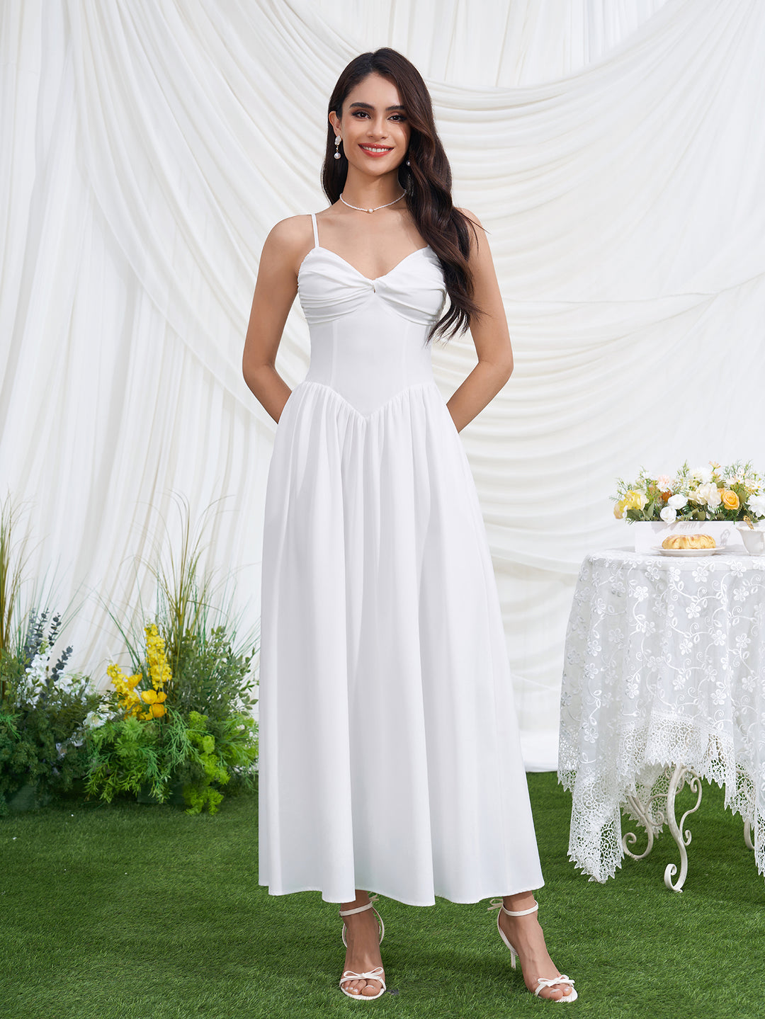 Backless Ruched Deep V-Neck Pocket Cami Dress