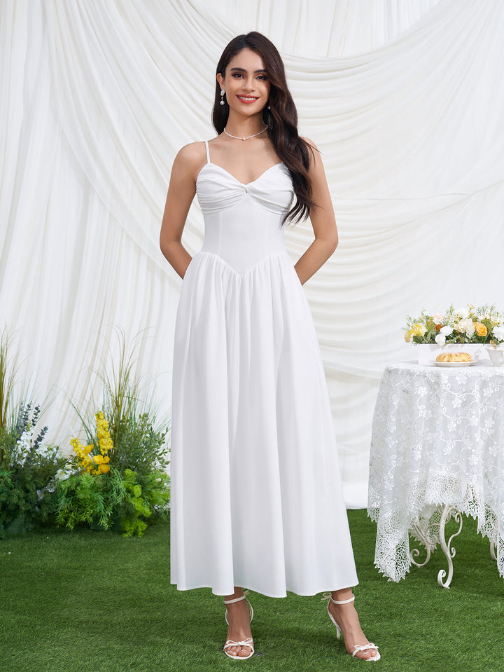 Backless Ruched Deep V-Neck Pocket Cami Dress