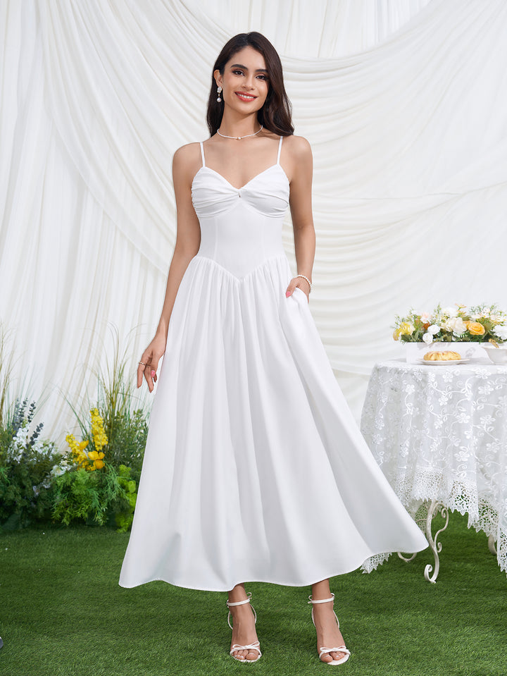 Backless Deep V-Neck Ruched Pocket Cami Dress