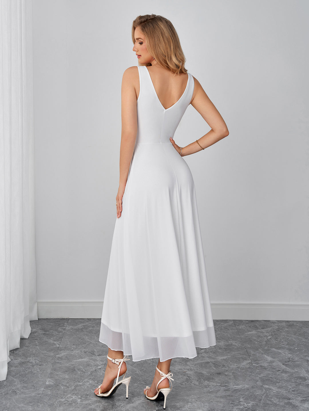 Deep V-Neck Ruched Backless Solid Mesh Dress