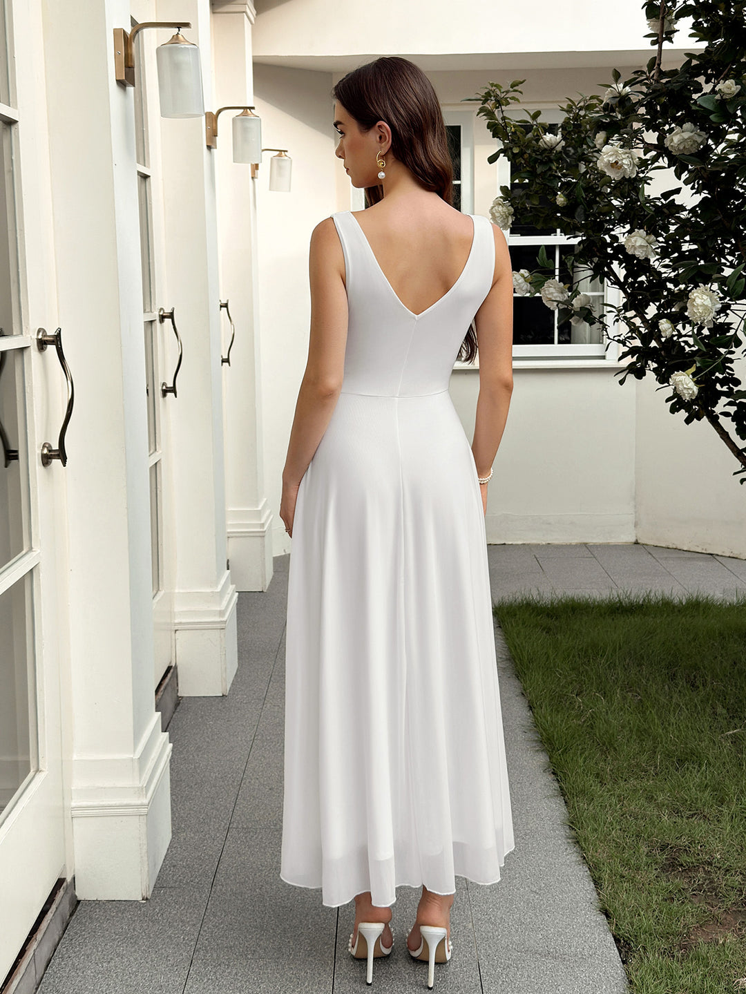 Deep V-Neck Ruched Backless Solid Mesh Dress