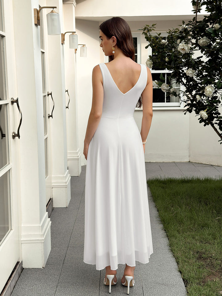 Deep V-Neck Ruched Backless Solid Mesh Dress