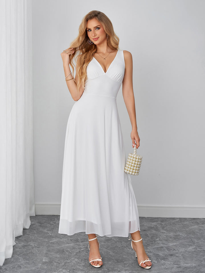 Ruched Deep V-Neck Backless Solid Mesh Dress
