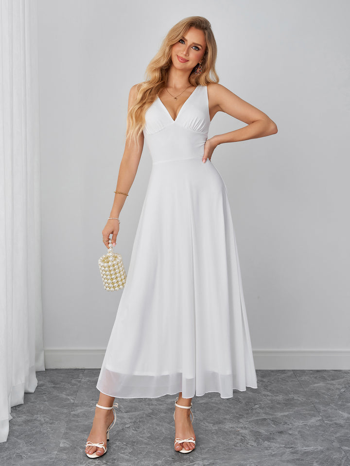 Deep V-Neck Backless Ruched Solid Mesh Dress