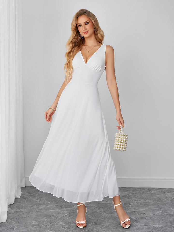 Deep V-Neck Backless Ruched Solid Mesh Dress, White / XS