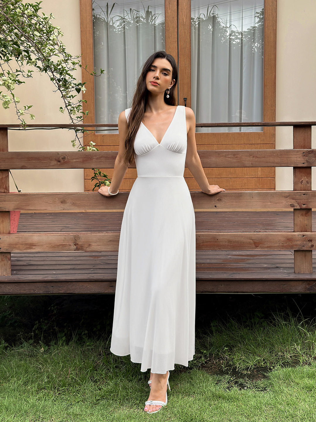 Backless Ruched Deep V-Neck Solid Mesh Dress