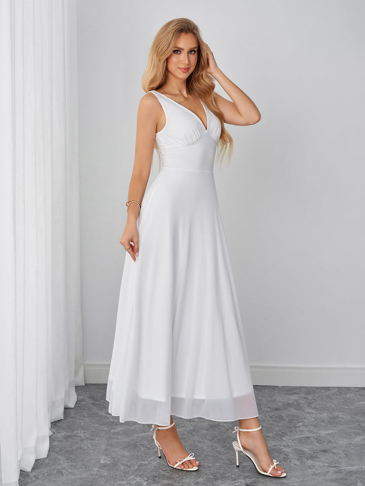 Backless Deep V-Neck Ruched Solid Mesh Dress