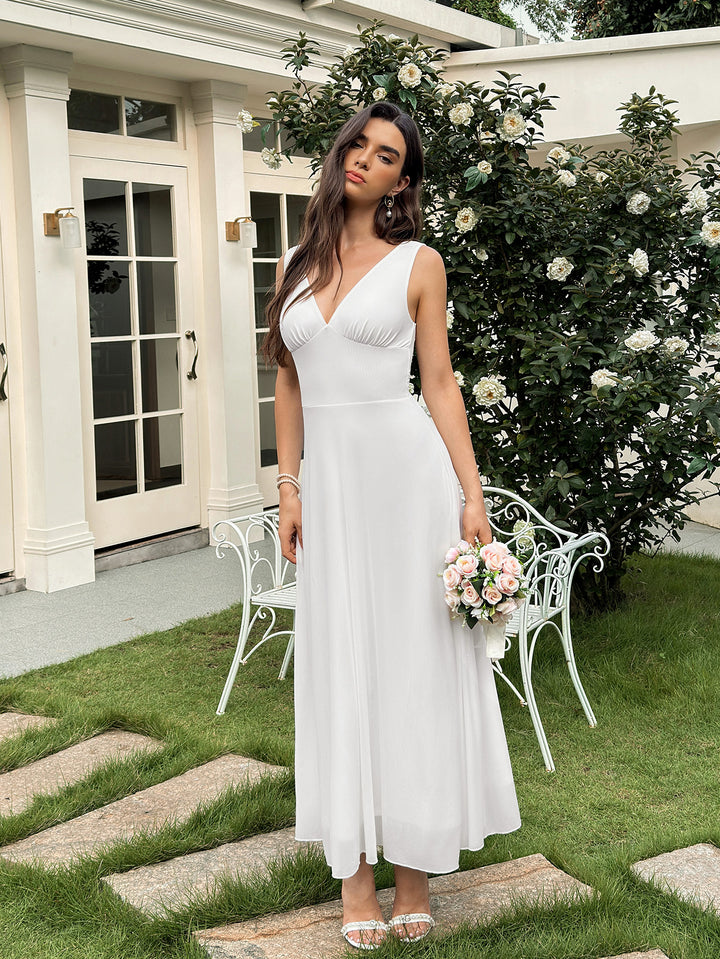 Backless Deep V-Neck Ruched Solid Mesh Dress