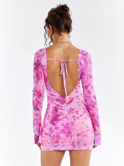 backless tie deep v-neck floral dress#color_pink