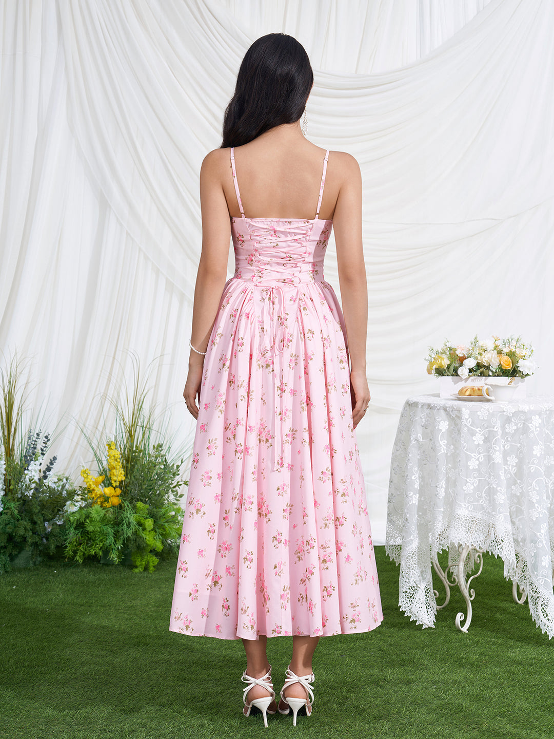 Deep V-Neck Floral Print Crisscross Back Dress