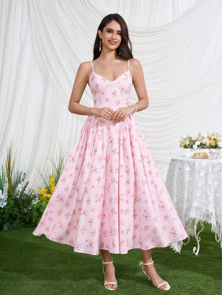 Floral Print Crisscross Back Deep V-Neck Dress