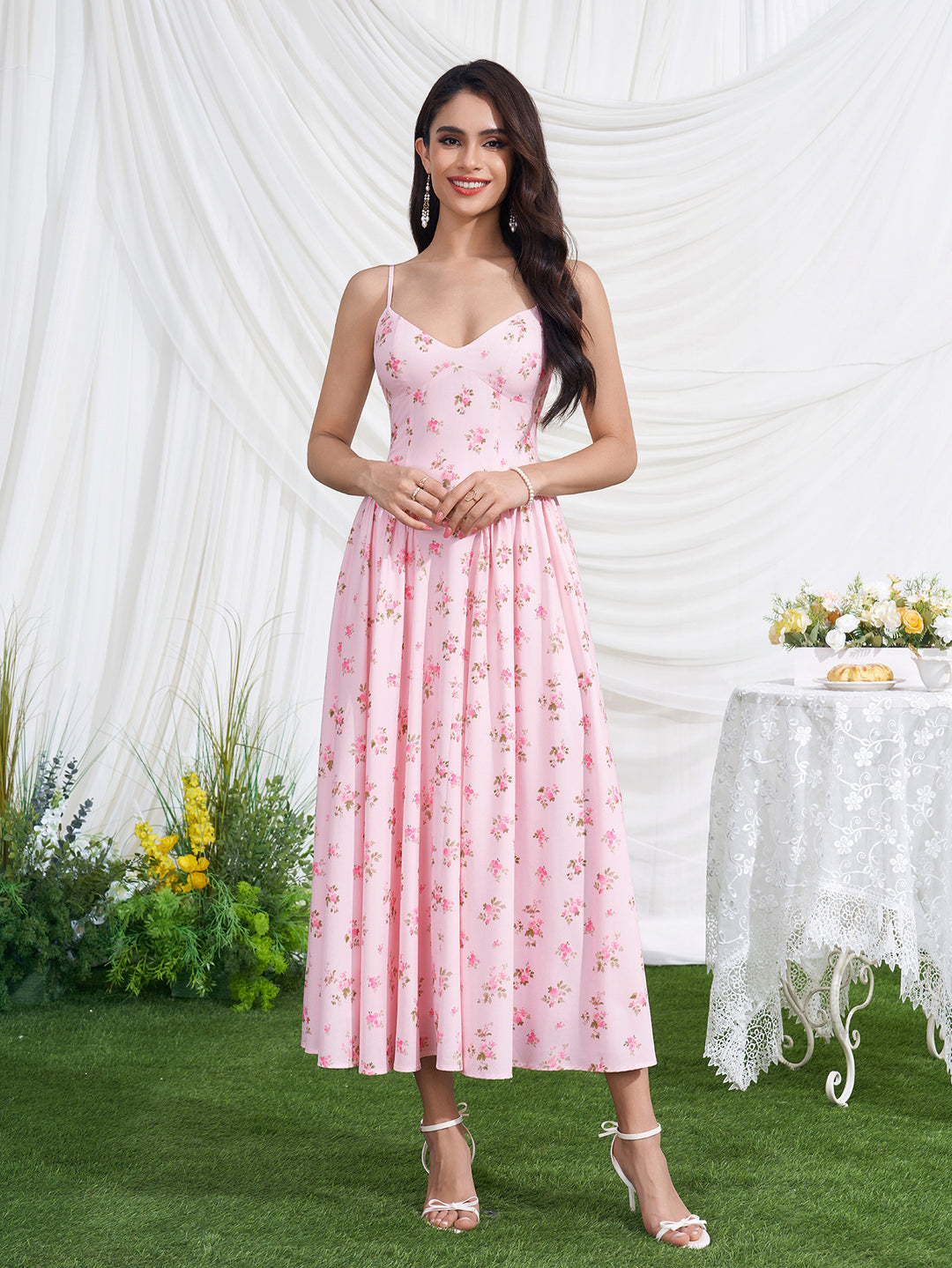 Floral Print Deep V-Neck Crisscross Back Dress