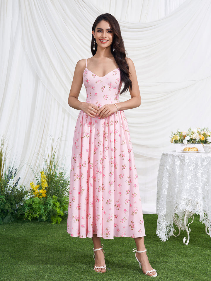 Floral Print Deep V-Neck Crisscross Back Dress